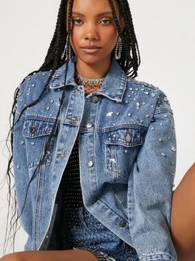 NWT Forever 21 Crystal Rhinestone Blue Denim Jean Jacket